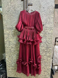 Elegant Chiffon Layered Ruffles Design Dress for Women Short Sleeves Waist Belt Spliced Diamonds Accent for Afternoon Tea