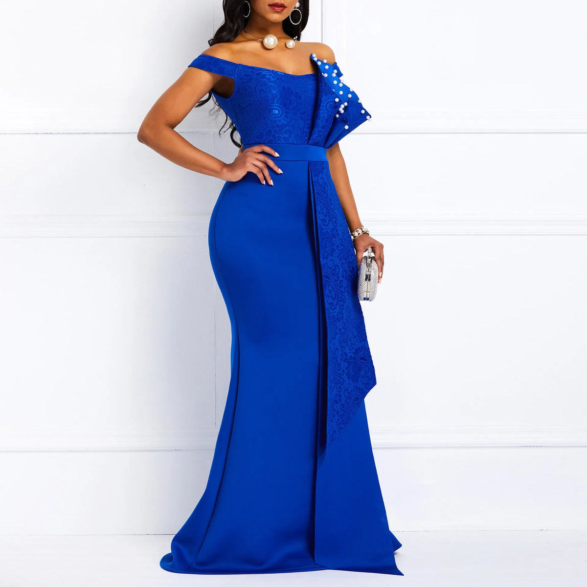 Winter Women Slash Neck Short Sleeve Pearl Dress Sexy Office Lady Africa Evening Night Club Party Long Maxi Dresses GL05143