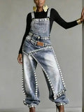 Women Denim Jumpsuit Sleeveless High Waist Baggy Rhinestone Irregular Patchwork Streetwear Party Summer