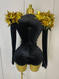 New Shiny Black Rhinestone Velvet Long Sleeve Bodysuit Women Evening Party Club Gala Hosts NightClub Bar Stage Costumes
