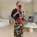 Bow Tie Neck Women Floral Print Set Long Puff Sleeve Cuff Trim Loose Blouse Vibrant Ethnic Midi Skirt Straight Hem Street Daily