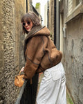 Women's Brown patchwork Hooded Jacket With Faux Fur Lining Fashion Horn Button Bomber Coat Lady Winter Casual Outerwear