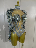 Sexy Sparkly Silver Rhinestones Sequins Mesh Stretch Bodysuit Eveing Birthday Party Nightclub Bar Singer Dancer DJ Stage Costume