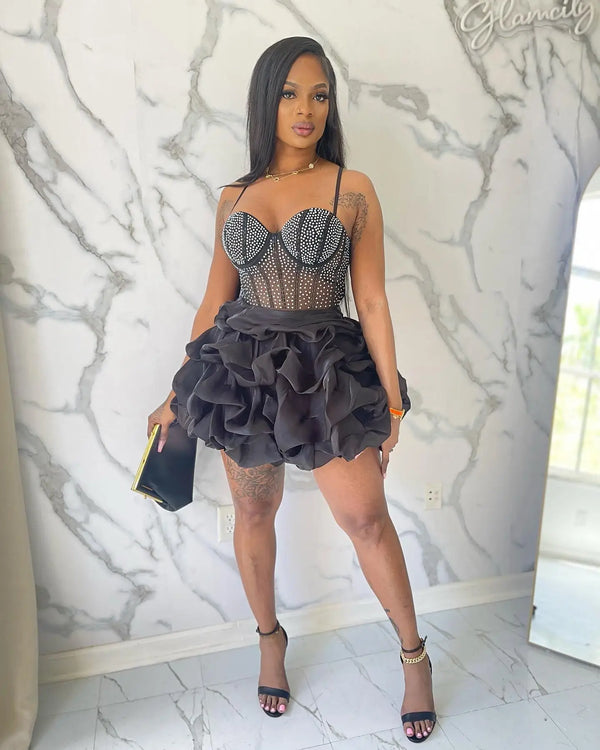 Sexy Rhinestone Bodycon Ruched Puff Suspenders Dresses Women Sheer Mesh Birthday Party Night Clubwear Summer Dresses Robes