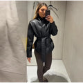 Women's Chic Lapel Oversized PU Leather Jacket Casual Full Sleeve Drop Shoulder Belted Coat Lady 2026 Spring Chic Streetwear