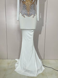 Luxury Sparkly Diamonds Pearl White See Through Mesh Long Dress Women Wedding Evening Party Stage Performance Photoshoot Dress