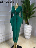 Women Long Sleeve Bowknot Deep V-neck Bodycon Midi Maxi Dress 2026 Birthday Holiday Party Trendy Long Dresses Vestidos
