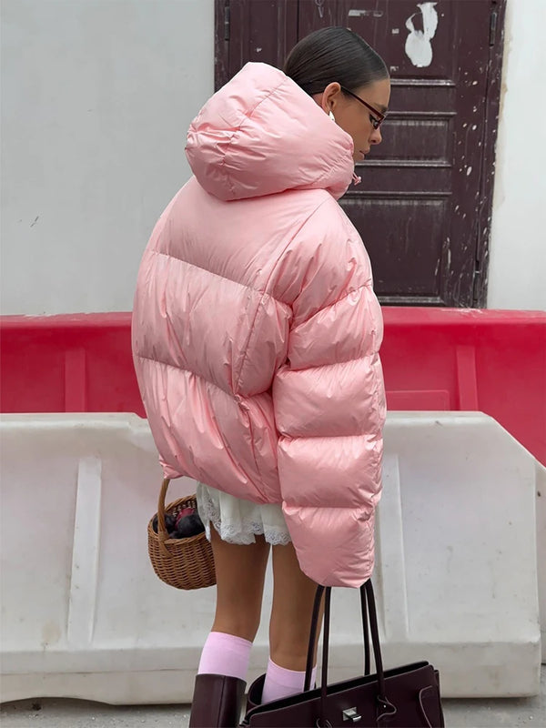 Women Hooded Puffer Jacket Oversized Loose Long Sleeve Zipper Solid Color Cropped Warm Casual Winter Windproof Street 2026 Coats