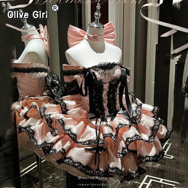 Olivegirl Sweet Lace Dress Lolita Pink Cute Girl Spring High-end Women Summer Birthday Party Elegant Princess Lolita Dresses