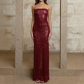 Solid Slimming Fashion Dresses for Women Strapless Sleeveless Patchwork Sequins Midi Split Dress Female Clothing