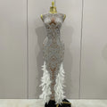 Women Sparkly Rhinestone Feathers Sleeveless O Neck Bodycon Long Dress Wedding Guest Gowns Luxury Birthday Evening Party Dress