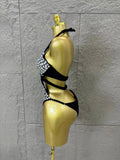 Gold Luxurious Black Bodysuit Women Sexy Halter Neck Iridescent Crystal Embellished Cutout Outfit Stage Performance Costume