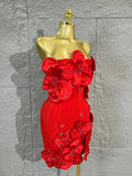 Strapless 3D Handmade Flower RhinestoneBandage Mini Dress Women Sky CorsetBodycon Short Cocktail Party Evening Dress