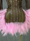 Red Pink Slim-fit Feather-Trimmed Sheer Dress Sexy Performance Costume Dance Party Singer Stage Nightclub Luxury Outfit
