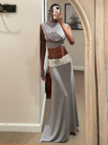 Fashion Shiny Lace Up Long Skirt Set Women Sexy Sleeveless Design sense Chic Short Top Skirts Suit NEW Lady Evening Party Outfit