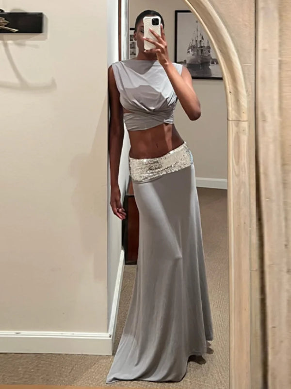 Fashion Shiny Lace Up Long Skirt Set Women Sexy Sleeveless Design sense Chic Short Top Skirts Suit NEW Lady Evening Party Outfit