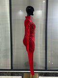 Singer Show Leotard Gogo Drag Queen Outfit Women Sexy Red Rhinestone Jumpsuit Stage Performance Costume Bar Club Birthday Party