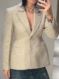 Women's Beige Tweed Blazer Jackets Fashion Lapel Long Sleeve Single Breasted Slim Coats Lady 2026 Spring Chic Office Outerwear