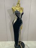 Sexy Strapless Shinning Rhinestones Bodycon Bandage Long Dress Women Fashion Celebrate Evening Party Vestido