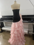 Women'S Sexy Strapless Bandage Slim Long Dress With Floral Decoration Layered Ruffle Edge Patchwork Dress Wedding Party