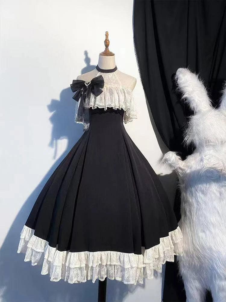Olivegirl Party Kawaii Lolita Dress Bow Slash Neck Gothic Vintage Black Midi Dress Women Summer Harajuku Lace Halter Bodycon