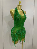 Sexy Sparkly Rhinestones Halter Backless Mesh Velour Short Dress Women Evening Prom Celebrate Birthday Party Stage Wear