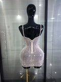 Women Sexy Strap Mesh See Through Shining Diamond Chain Bodycon Mini Dress Nightclub Party Celebrate Cocktail Wear