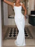 Sexy White Satin Maxi Dresses for Women Square Collar Sleeveless Tunic Fishtail Classic Dinner Dress Female Fashion