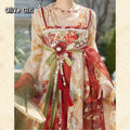 Olive Girl Red Embroidered Hanfu Dress for Ren Faire 2026 Garden Wedding Fairycore Photoshoot S-XL XS-3XL Plus Size Embroidered Flowing Sleeve Dramatic Silhouette Romantic Garden Party Editorial Not Costume Chinese Heritage Fashion Women