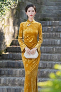 Olivegirl Chinese Dress Qipao 2026 Spring Gold Improved Velvet Waist Long Daily Young Long-sleeved Cheongsam Dress