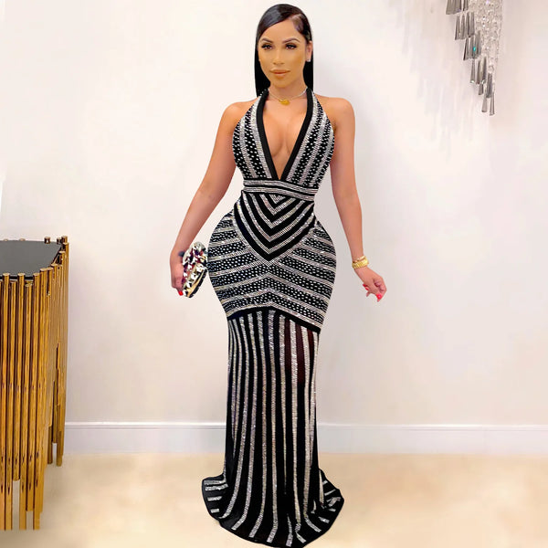 Rhinestone Splicing Halter Deep V-neck Open Back Maxi Dress Women Sexy Night Club Party Long Dresses Vestidos