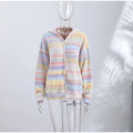 Women Rainbow Stripe Hooded Knit Cardigan Zip Front Drop Shoulder Side Pocket Loose Jacket Multicolor Textured Casual Daily Wear
