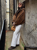 Women's Brown patchwork Hooded Jacket With Faux Fur Lining Fashion Horn Button Bomber Coat Lady Winter Casual Outerwear
