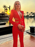 Red Sexy V-neck Long Sleeve Jacket+High Waist Flare Pants Blazer Set Women'S 2026 New Hollow Out Designer Two-Piece Set