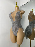 Sexy Mesh See Through Bodysuit Women Glitter Rhinestones Tassel Sleeveless Performance Dance Costume Nightclub Bar Stage Wear