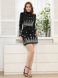 Two Piece Sets for Women Stand Collar Long Sleeve Spliced Diamonds Top High Wiast Mini Skirt Elegant Outfit Female