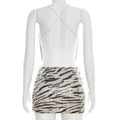 Sequins Patchwork 2 Piece Set Woman Zebra Stripes Swing Collar Backless Tank Tops+Mini Skirts Street Wild Style Suits