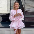 Elegant 3D Flower Cascading Ruffles Short Dress Women Loose Solid Lace Up Full Flare Sleeve Dresses Summer Lady Chic Robes