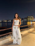 White Floral Print Two Piece Set Spaghetti Strap Ruffle Corset Top Strap Wide Leg Pants 2026 Summer Street Casual Women Outfit