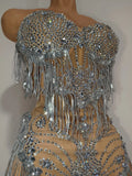 Women Sparkly Diamond Tassel Silver Strapless Mesh See Through Dress Latin Dance Bar Nightclub Party Club Dancer Stage Wear