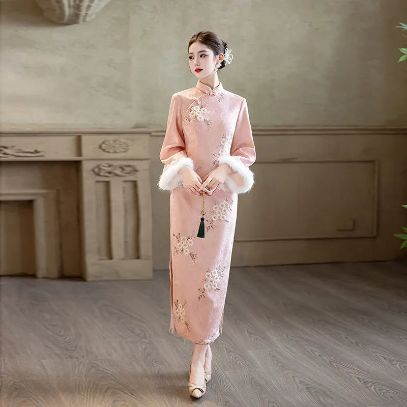 Pink Dress Long sleeved Cheongsam Winter Thick Improvement for Young Women High end Daily Qipao Dress