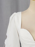 Fashion Style White Cutout Floral Accent Gown for Women Square Collar Puff Sleeve Asymmetric Train Skirt for Beach Elopement