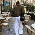 Fashion Olive Green Suede Bomber Jacket Coat Women High Street Girls Cropped Jackets Biker Outerwears