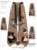 Cartoon Embroidered Loose Straight Leg Jeans Women's Trousers Autumn Design Wide Leg Long Pants Vintage High Waist Denim