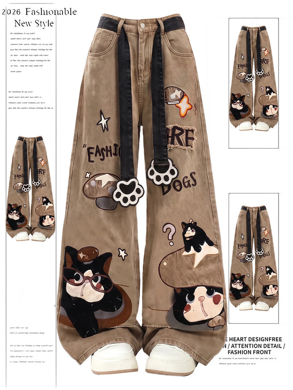 Cartoon Embroidered Loose Straight Leg Jeans Women's Trousers Autumn Design Wide Leg Long Pants Vintage High Waist Denim