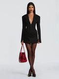 Elegant Office Dress Women Sexy Single-Breasted Hidden Buttons V-Neck Full Sleeve Folds Fashion Commute Bodycon