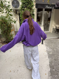 Casual Purple Fleece Jacket Womens Stand Collar Contrast Zip Loose Fit Pockets Coat Fall Winter Sporty Outdoor Streetwear Wear