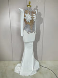 Luxury Sparkly Diamonds Pearl White See Through Mesh Long Dress Women Wedding Evening Party Stage Performance Photoshoot Dress