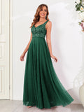 Sleeveless Evening Dresses V-Neck Sequined Embroidery Long Party Gown Clothing Elegant Mesh A-Line Formal Wedding Dress