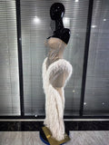 Women Sexy Strapless Sparkly Diamonds Tassel Mesh See Through Dress Celebrate Birthday Evening Party Nightclub Stage Costume